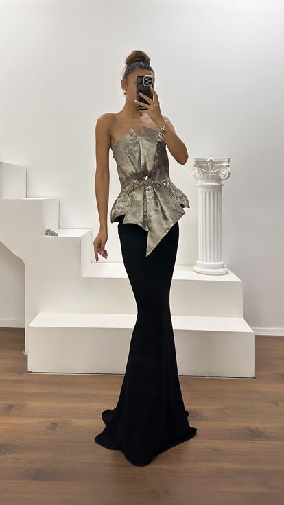 Taş Straplez Peplum Kesim Abiye Elbise