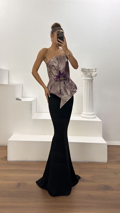 Fuşya Straplez Peplum Kesim Abiye Elbise