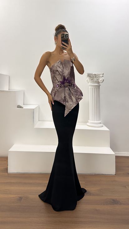 Fuşya Straplez Peplum Kesim Abiye Elbise