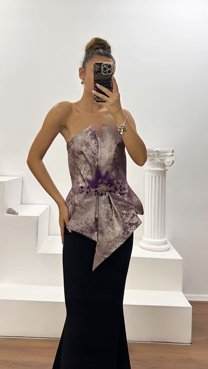 Fuşya Straplez Peplum Kesim Abiye Elbise