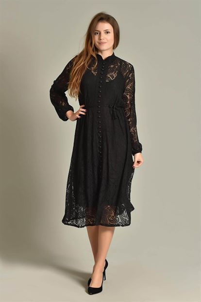 Siyah Midi Boy  Güpür Elbise