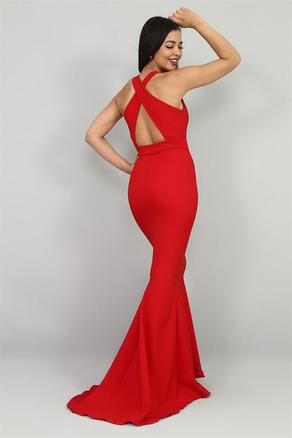 FM Kırmızı Sırtı Dekolte Balık Abiye Elbise