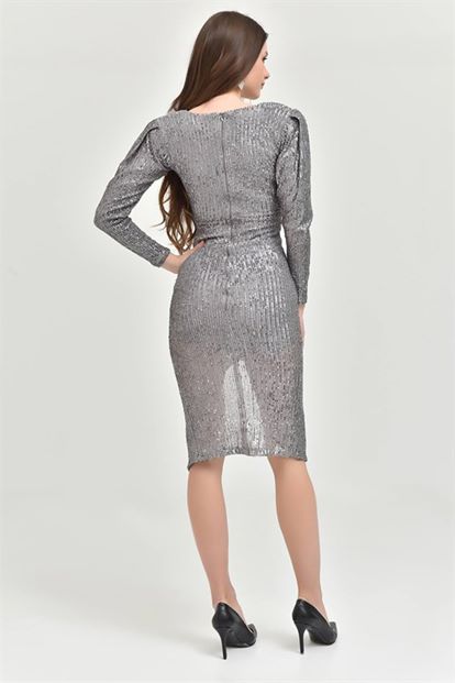 Gray-breasted Collar Stamps Sequin Evening Dress