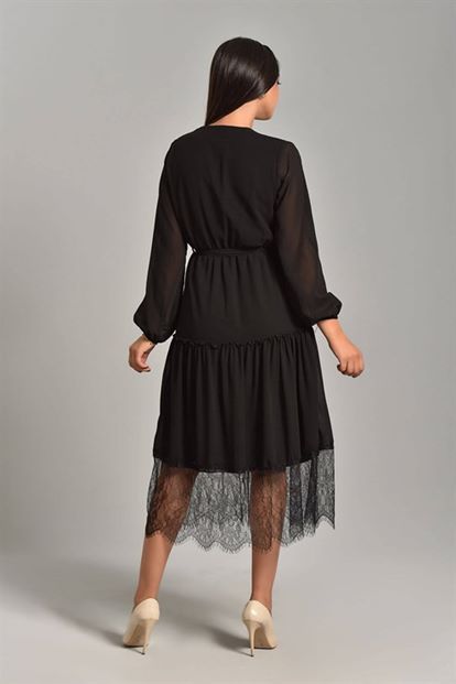 Siyah Etek Ucu Tül Midi Boy Şifon Elbise