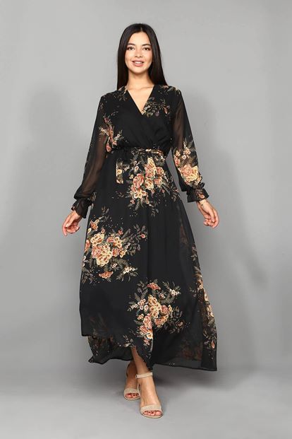 Black flowering chiffon long dress large body