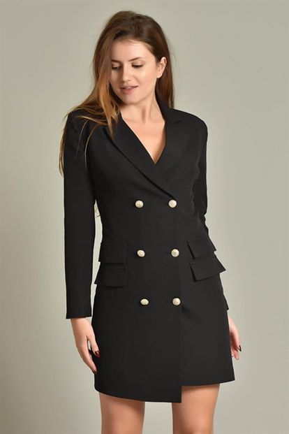 Siyah Düğme Detaylı  Ceket Elbise