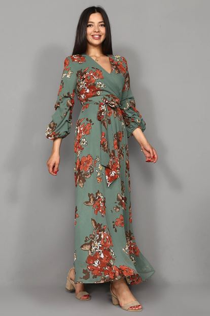 Green flowering long chiffon dress large body