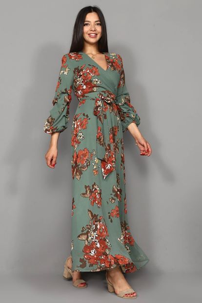 Green flowering long chiffon dress large body