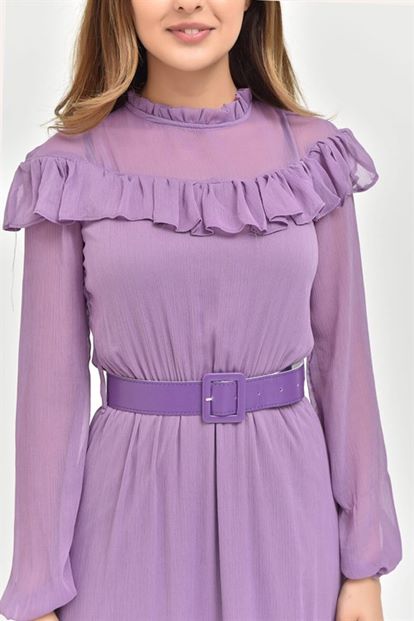 Lila Kemerli Şifon Elbise