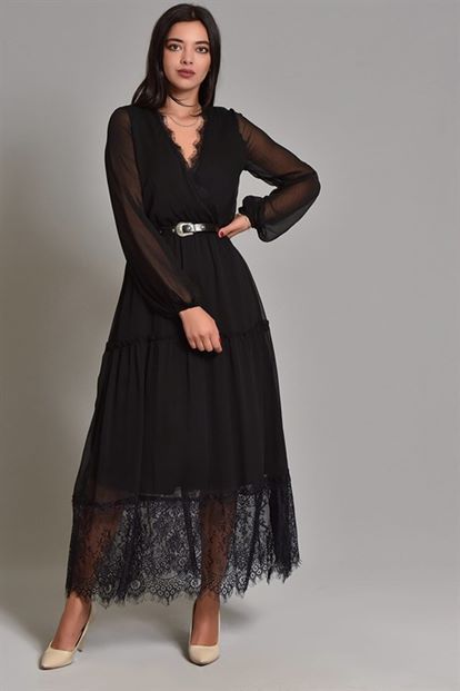 Siyah Etek Ucu Tül Kemerli Şifon Elbise Büyük Beden
