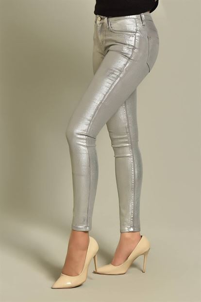 Gümüş Varaklı Slim Fit Jean Pantolon
