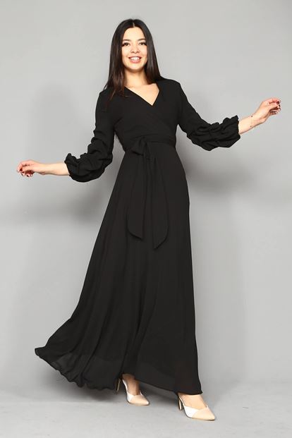 Siyah Kollari Büzgülü Uzun Şifon Elbise Büyük Beden