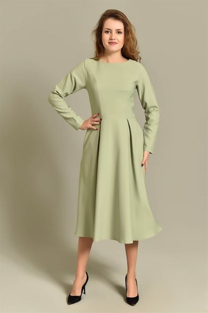 Yeşil Uzun Kollu Midi Boy Elbise