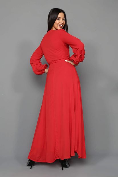 Red Handles Shirred Long Chiffon Dress
