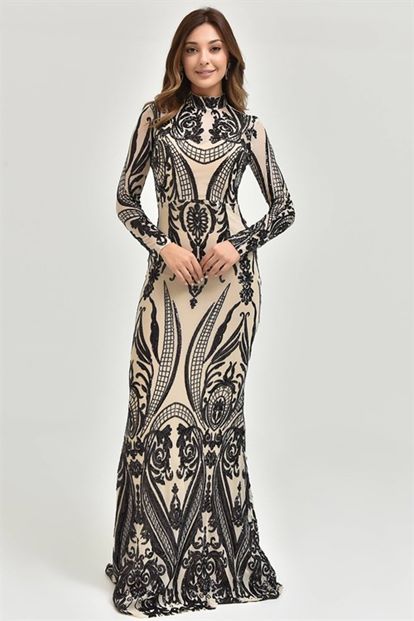 FM Krem Bogazli Pul Payet Islemeli Abiye Elbise