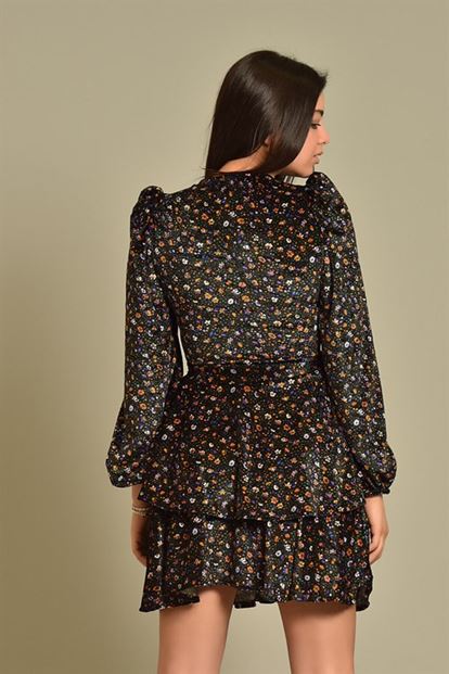 Siyah Çiçek Desenli Kadife Elbise