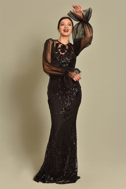 Siyah Kolları Tül Pul Payet Abiye Elbise