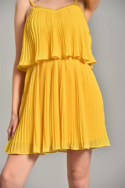 Sarı İp Askılı Pliseli Şifon Elbise