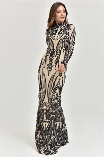 FM Krem Bogazli Pul Payet Islemeli Abiye Elbise