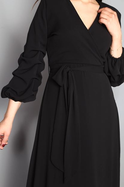 Drawstring Long Sleeve Chiffon Dress in Black