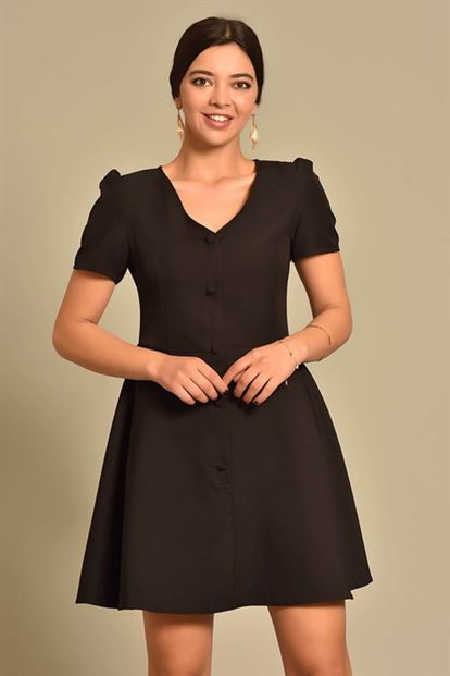 Siyah Önden Düğme Detayli Elbise