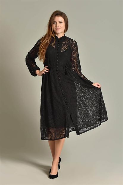 Siyah Midi Boy  Güpür Elbise