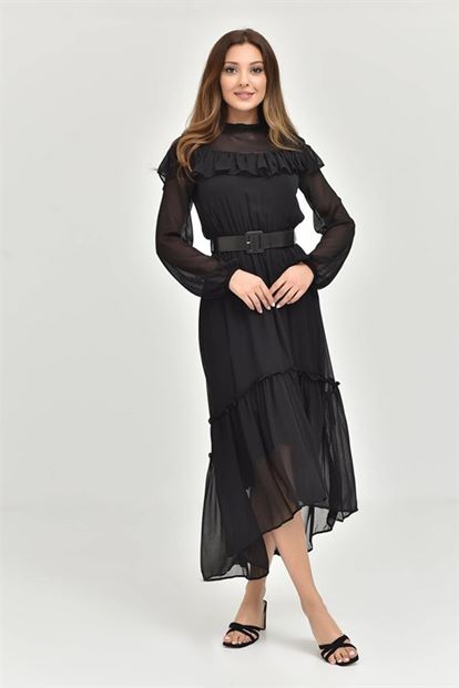 Siyah Kemerli Şifon Elbise