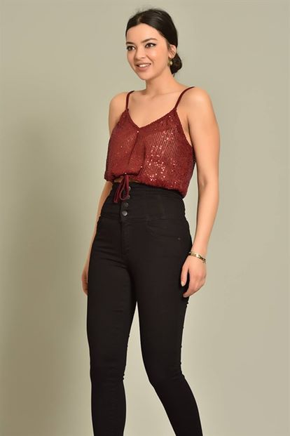 Bordo İp Askılı Pul Payet Bluz