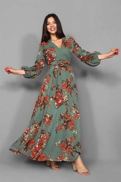 Green flowering long chiffon dress large body