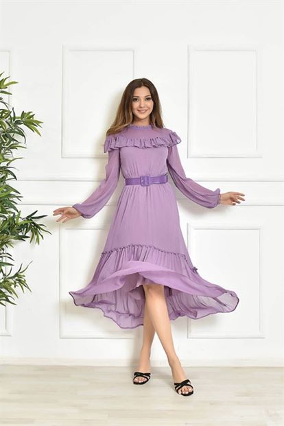 Lila Kemerli Şifon Elbise