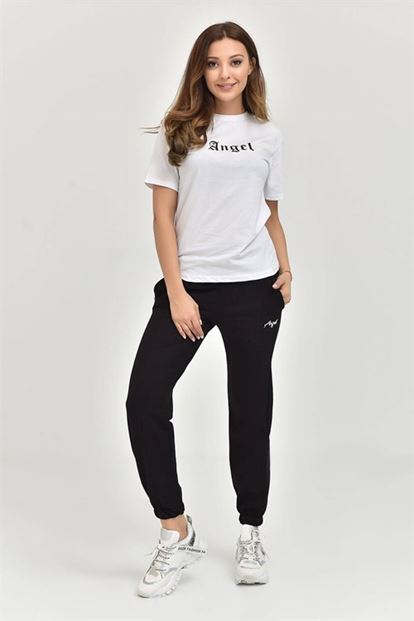 Siyah Angel Baskılı Örme Eşofman Takımı