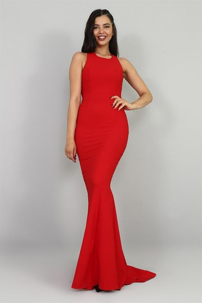 FM Kırmızı Sırtı Dekolte Balık Abiye Elbise