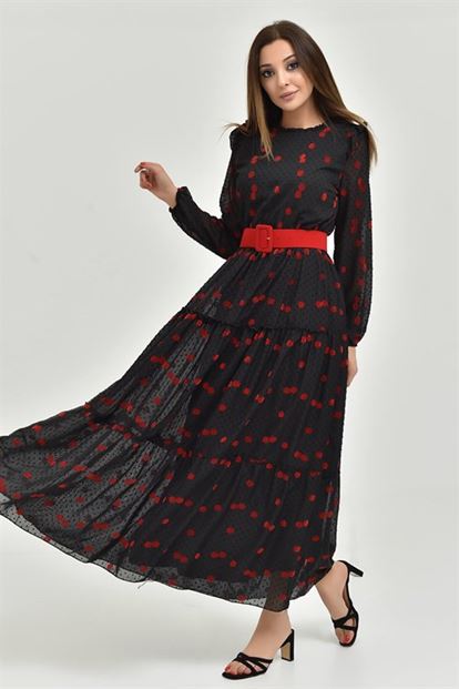 Siyah Kırmızı Puantiyeli Kemerli Şifon Elbise