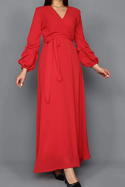 Red Handles Shirred Long Chiffon Dress