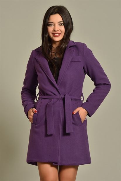 Mor Tek Düğmeli Kuşaklı Kaşe Kaban