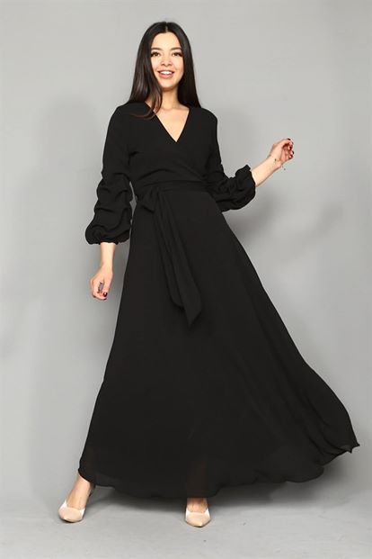 Siyah Kollari Büzgülü Uzun Şifon Elbise Büyük Beden