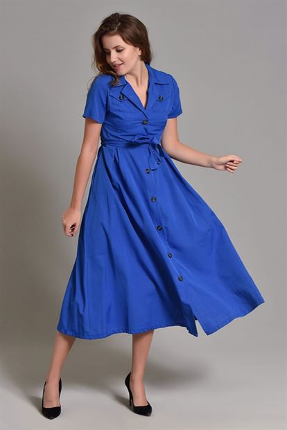 Saks Midi Boy Kısa Kollu Gömlek Elbise