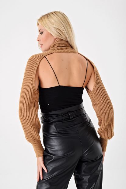 Bej Uzun Kollu Crop Triko Kazak