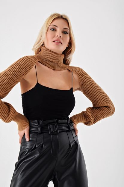 Bej Uzun Kollu Crop Triko Kazak