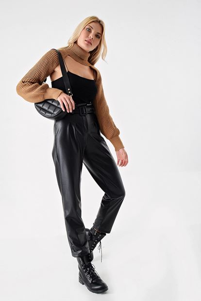 Bej Uzun Kollu Crop Triko Kazak