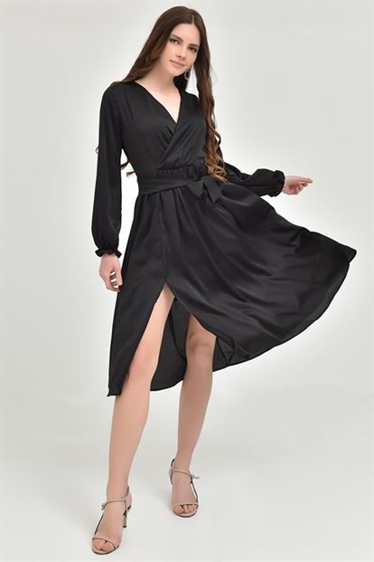 Black Belted Satin Dress