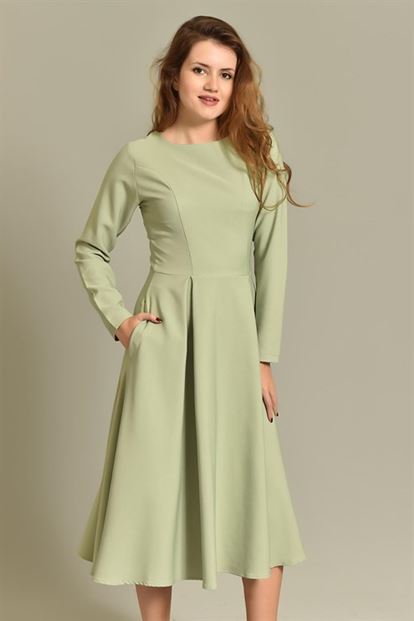 Yeşil Uzun Kollu Midi Boy Elbise