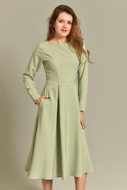Yeşil Uzun Kollu Midi Boy Elbise