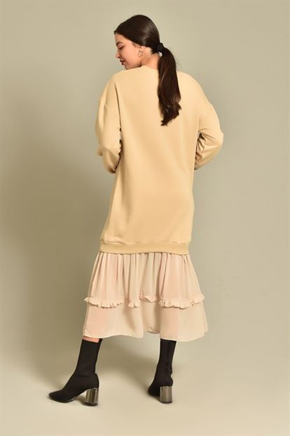 Bej Eteği Şifon Fırfırlı Sweat Elbise