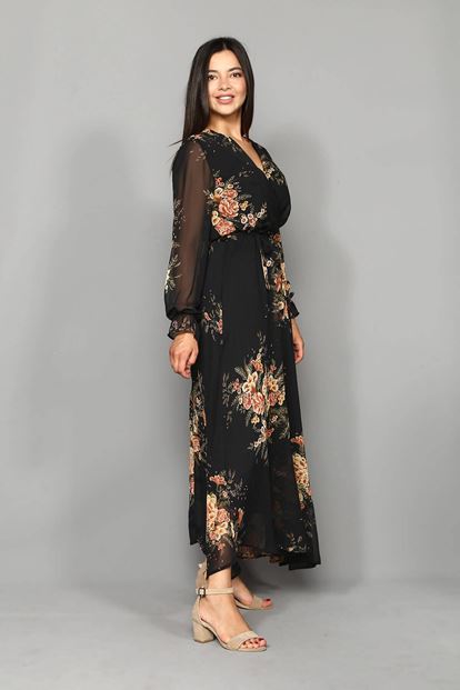 Black flowering chiffon long dress large body