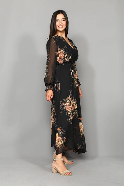 Black flowering chiffon long dress large body