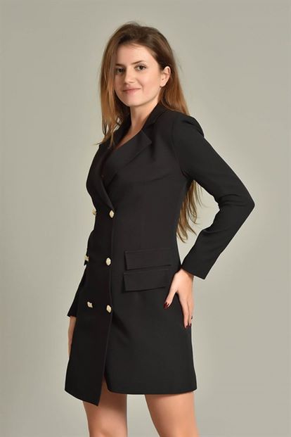 Siyah Düğme Detaylı  Ceket Elbise