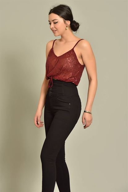 Bordo İp Askılı Pul Payet Bluz