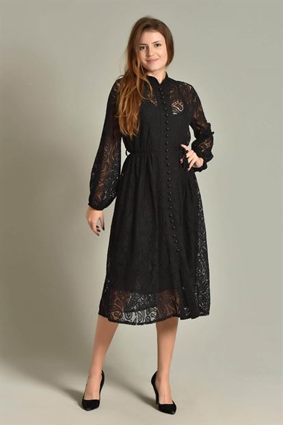 Siyah Midi Boy  Güpür Elbise