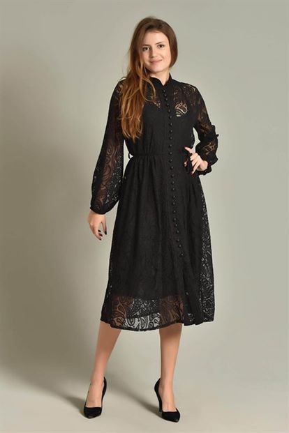 Siyah Midi Boy  Güpür Elbise